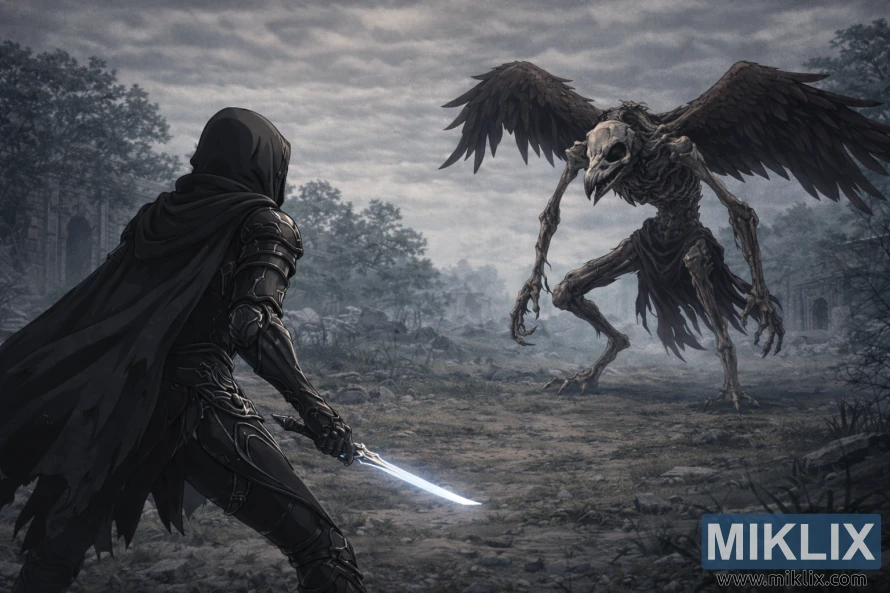 Anime style wide scene of a hooded Tarnished in black armor seen from behind facing a skeletal birdlike Deathbird in a foggy ruined landscape.