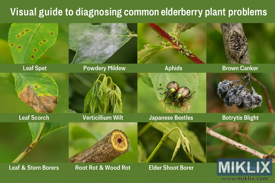 Инфографика, демонстрирующая двенадцать распространенных проблем с бузиной, с подробными фотографиями крупным планом. Инфографика, демонстрирующая двенадцать распространенных проблем с бузиной, с подробными фотографиями крупным планом.