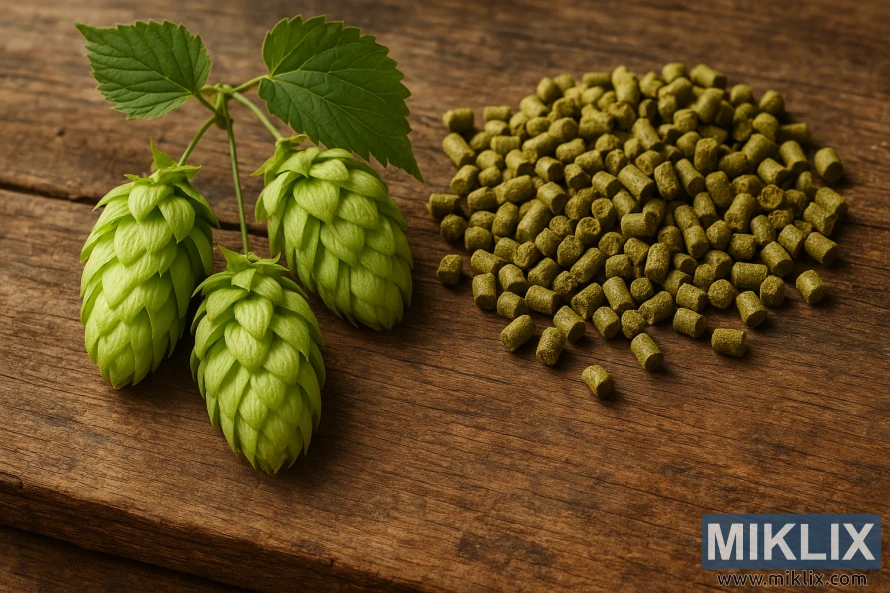 Close-up de cones de lúpulo Apolon verde ao lado de uma pilha de pellets de lúpulo sobre uma mesa de madeira.