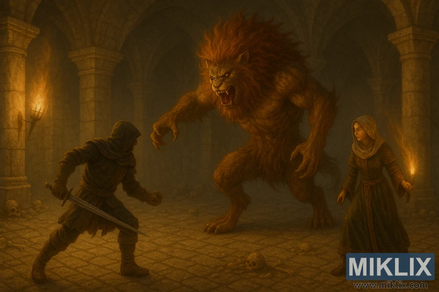 Dark fantasy battle scene showing the Tarnished holding a sword in his left hand while fighting a Leonine Misbegotten and Perfumer Tricia in a torch-lit underground hall.