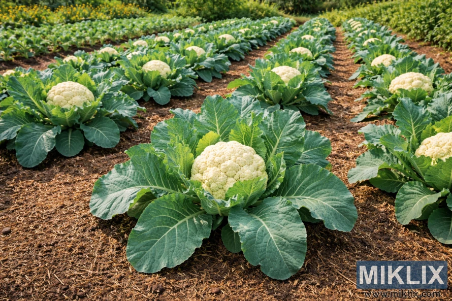 Fileres de plantes de coliflor sanes que creixen en sòl cobert amb humus, amb grans fulles verdes i caps de coliflor blancs madurs en un jardí ben cuidat.