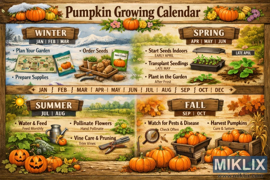 Illustrated pumpkin growing calendar showing winter planning, spring planting, summer care, and fall harvest activities across the year