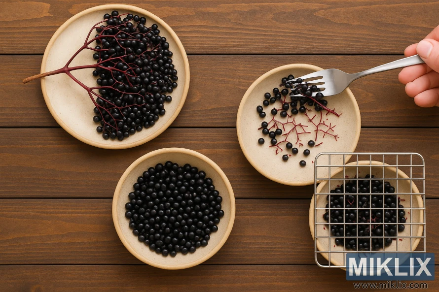 На деревянном столе показаны три способа отделения ягод бузины от стеблей: вручную, вилкой и через решетку. На деревянном столе показаны три способа отделения ягод бузины от стеблей: вручную, вилкой и через решетку.