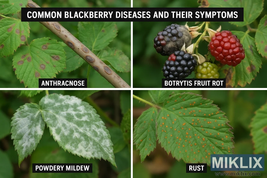 Edukacinis koliažas, kuriame vaizduojamos gervuogių ligos, įskaitant antraknozę, botrytinį vaisių puvinį, miltligę ir rūdis, su matomais simptomais ant lapų, stiebų ir vaisių. Edukacinis koliažas, kuriame vaizduojamos gervuogių ligos, įskaitant antraknozę, botrytinį vaisių puvinį, miltligę ir rūdis, su matomais simptomais ant lapų, stiebų ir vaisių.