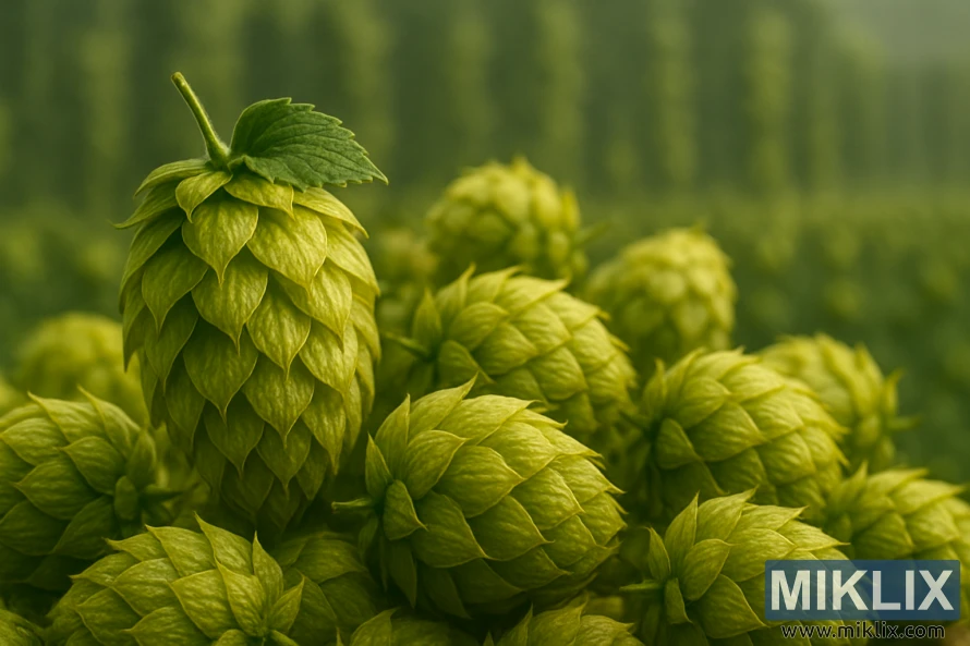 Aukso ir žalių atspalvių „Ringwood Pride“ apynių spurgų stambus planas švelnioje šviesoje.