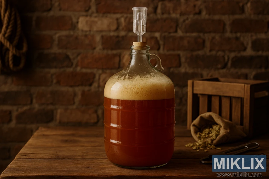 A glass carboy filled with fermenting English ale sits on a rustic wooden table inside a cozy homebrewing space.
