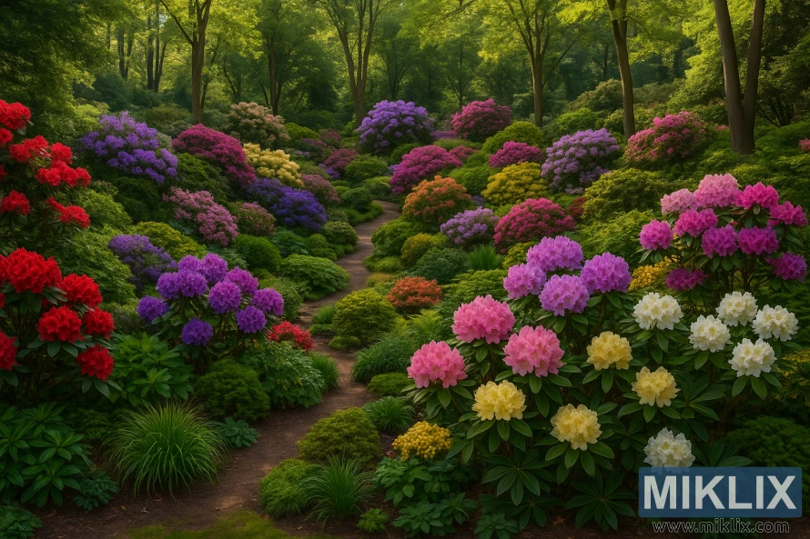 Expansive garden with colorful rhododendrons lining a winding path under dappled sunlight. Expansive garden with colorful rhododendrons lining a winding path under dappled sunlight.