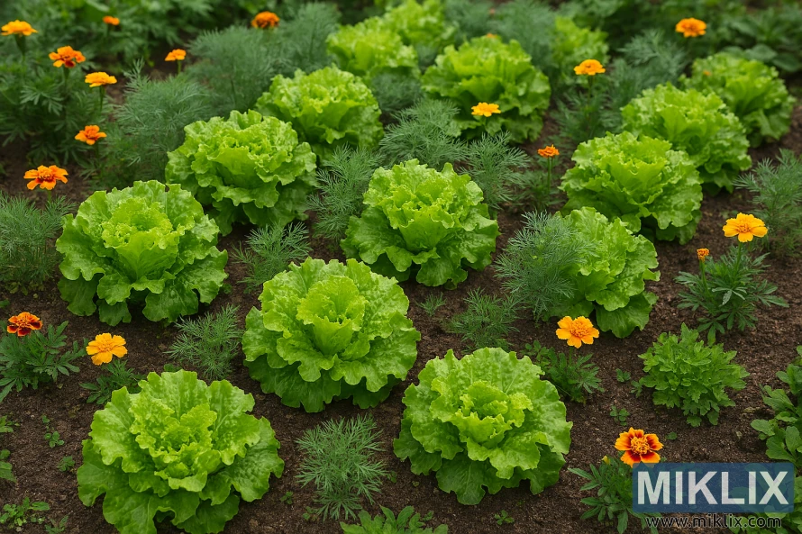 Healthy lettuce garden with marigolds, dill, and basil for natural pest control
