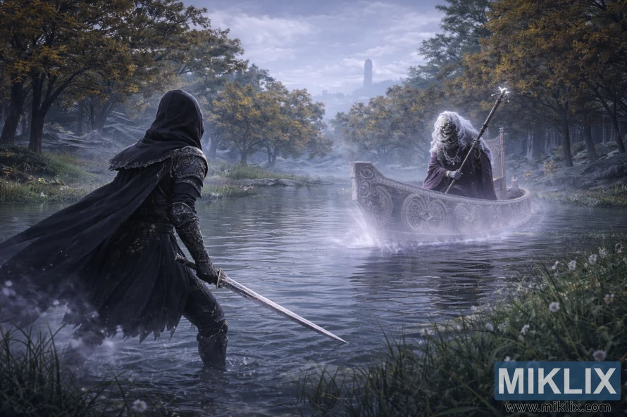 Fan art in stile anime che mostra l'armatura Tarnished in Black Knife sulla sinistra, vista da dietro mentre brandisce una spada, di fronte al Tibia Mariner su una barca spettrale nelle acque nebbiose della Liurnia orientale dei Laghi, con un ampio sfondo atmosferico.