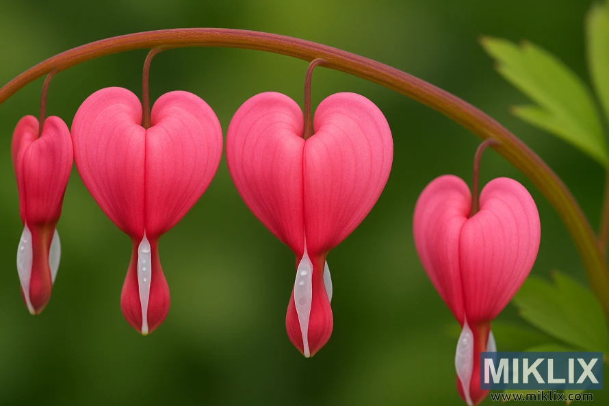 Macro of pink bleeding heart flowers on an arching stem, showing the heart shape with a white teardrop petal against a soft green background. Macro of pink bleeding heart flowers on an arching stem, showing the heart shape with a white teardrop petal against a soft green background.