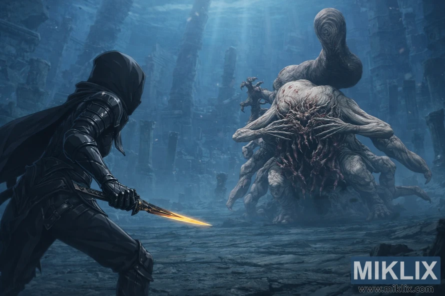 Anime-style fan art of a hooded Tarnished in Black Knife armor facing Metyr, Mother of Fingers, in the flooded Finger Ruins of Miyr just before combat. Anime-style fan art of a hooded Tarnished in Black Knife armor facing Metyr, Mother of Fingers, in the flooded Finger Ruins of Miyr just before combat.