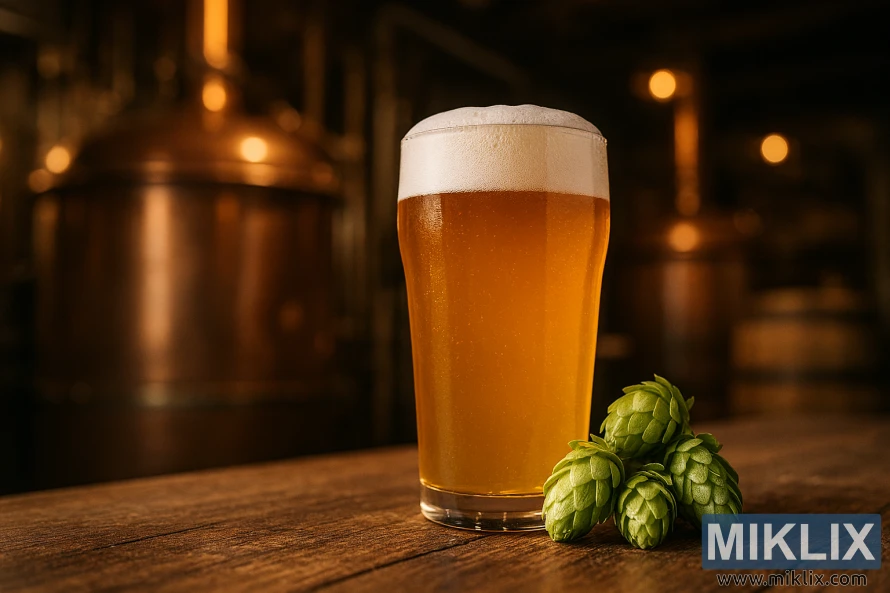 Detailný záber na zlaté bledé pivo s penivou hlavou vedľa čerstvých zelených chmeľových šištičiek na rustikálnom bare