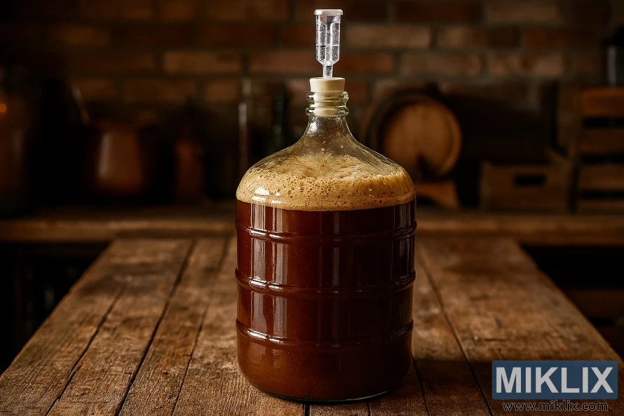 Glass carboy fermenting strong ale on rustic wooden table in homebrewing setting Glass carboy fermenting strong ale on rustic wooden table in homebrewing setting