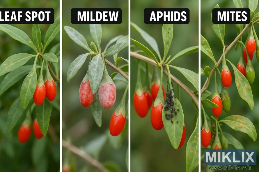A composite image showing goji berry plants with common problems: leaf spot, mildew, aphids, and mites, each labeled with clear text above the affected leaves and berries.