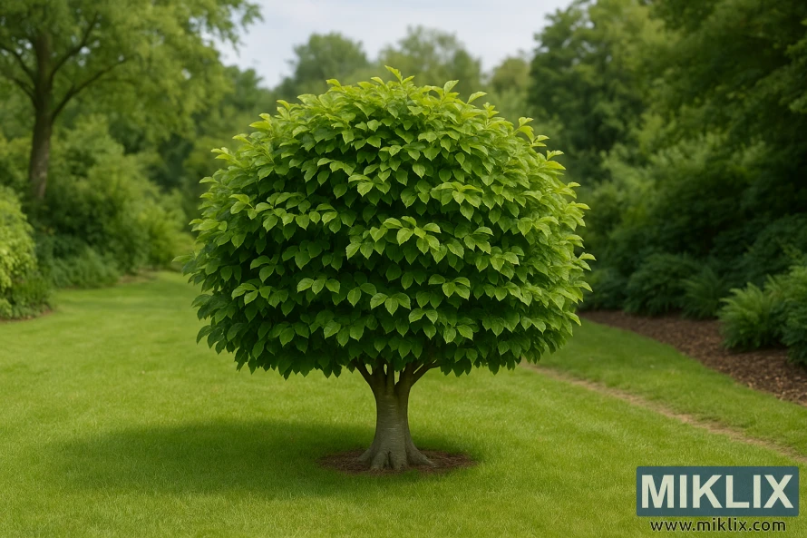 Pohon Beech Eropa kerdil dengan kanopi bundar kompak dari daun hijau mengilap.