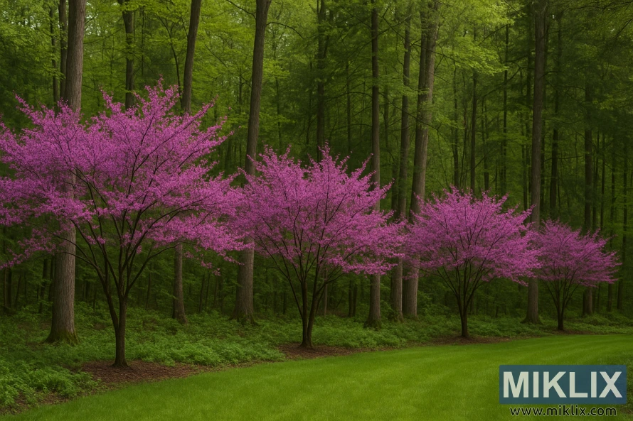 Яркие деревца калины с пурпурно-розовыми цветами окаймляют край пышного зеленого лесного сада под высокими деревьями. Яркие деревца калины с пурпурно-розовыми цветами окаймляют край пышного зеленого лесного сада под высокими деревьями.