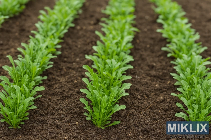 Landscape photo of arugula plants growing in evenly spaced rows in a well-prepared garden bed