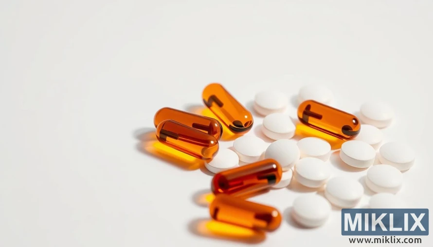 Borostyánszínű glükózamin-szulfát kapszulák és fehér tabletták közeli képe tiszta háttéren.