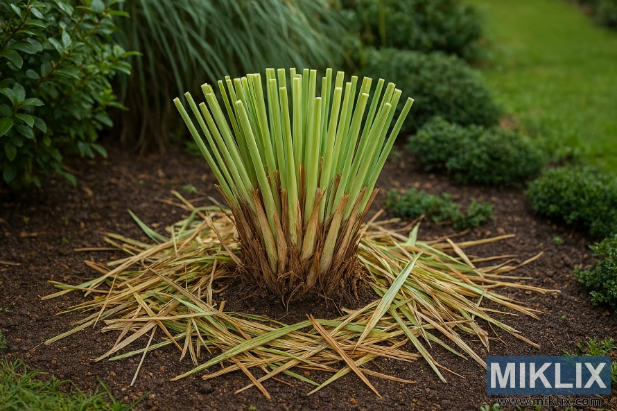 Trimmed lemongrass plant surrounded by dried foliage in a garden setting