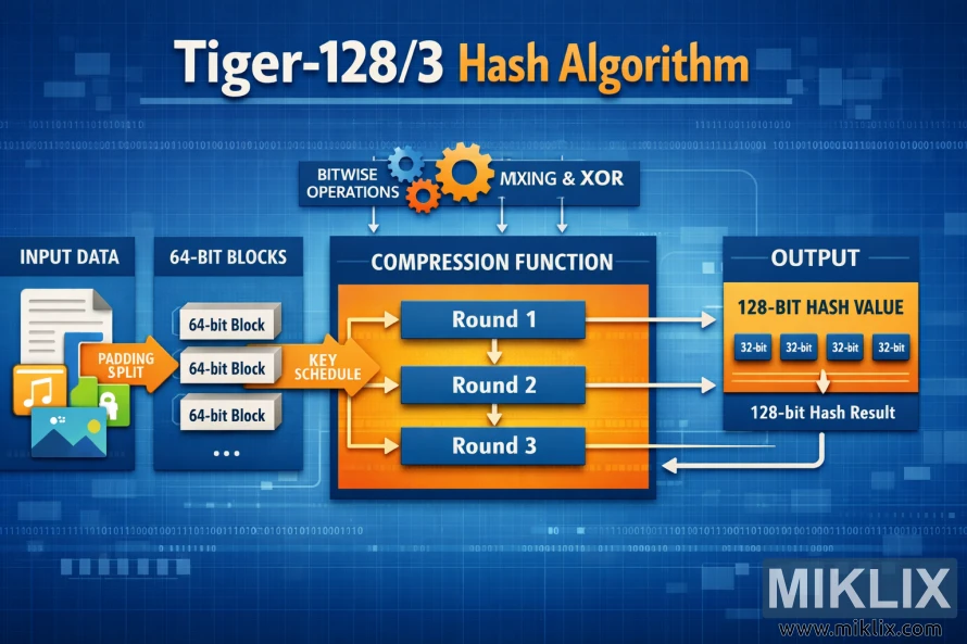 Infographic-style diagram showing the high-level flow of the Tiger-128/3 hash algorithm from input data through processing rounds to a 128-bit hash output.