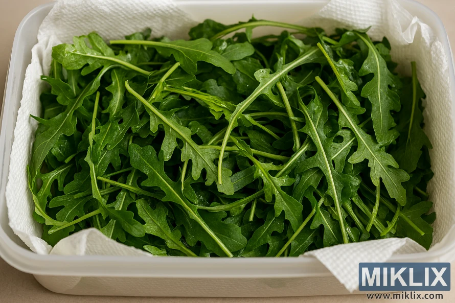 Freshly harvested arugula leaves stored in a white container lined with paper towels
