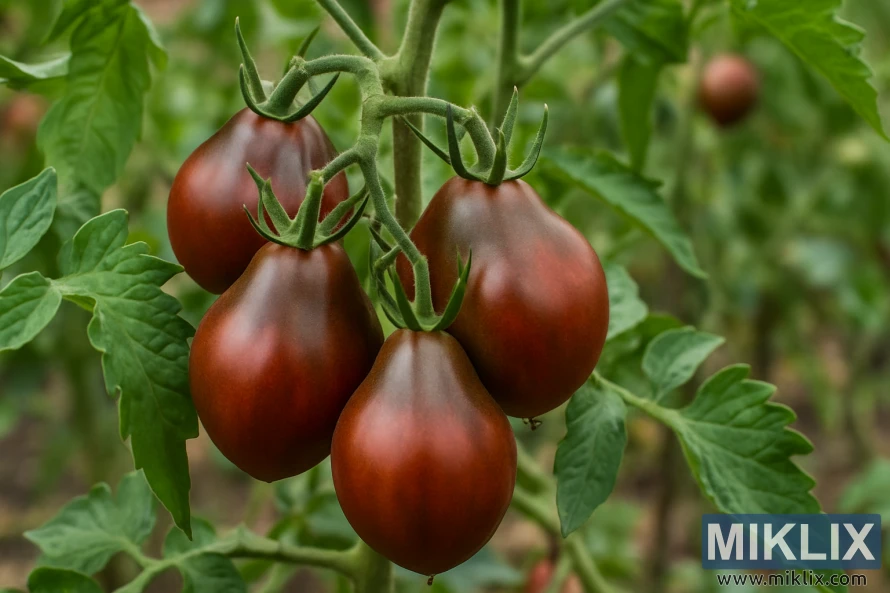 Cacho de tomates japoneses Black Trifele maduros crescendo em uma trepadeira de jardim. Cacho de tomates japoneses Black Trifele maduros crescendo em uma trepadeira de jardim.