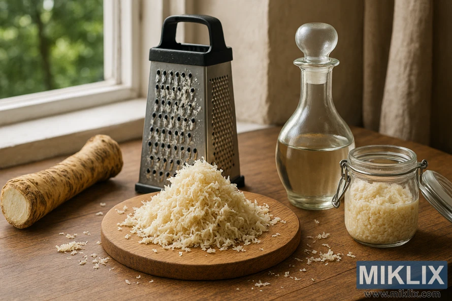 Freshly grated horseradish on a cutting board with vinegar bottle and grater in a sunlit kitchen