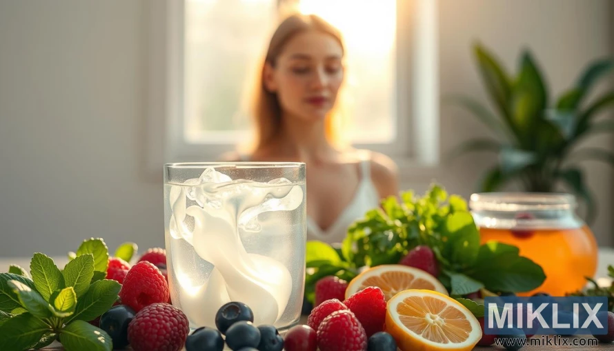 Glóandi kollagen viðbót umkringd náttúrulegum innihaldsefnum og geislandi, heilbrigðri líkamsbyggingu. Glóandi kollagen viðbót umkringd náttúrulegum innihaldsefnum og geislandi, heilbrigðri líkamsbyggingu.