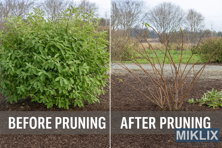Side-by-side photo of honeyberry bushes showing dense growth before pruning and an open, structured bush after proper maintenance pruning. Side-by-side photo of honeyberry bushes showing dense growth before pruning and an open, structured bush after proper maintenance pruning.