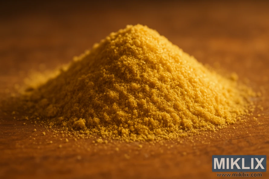 Nærbilde av en liten haug med gyllengult Bravo-humlelupulinpulver på tre.