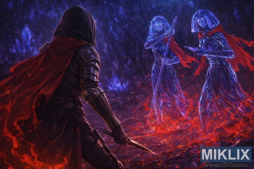 Illustration de style anime montrant l'armure « Tarnished in Black Knife » vue de dos, faisant face avec prudence à deux boss cristallins lumineux à l'intérieur de la grotte de cristal de l'Académie d'Elden Ring, juste avant le combat.