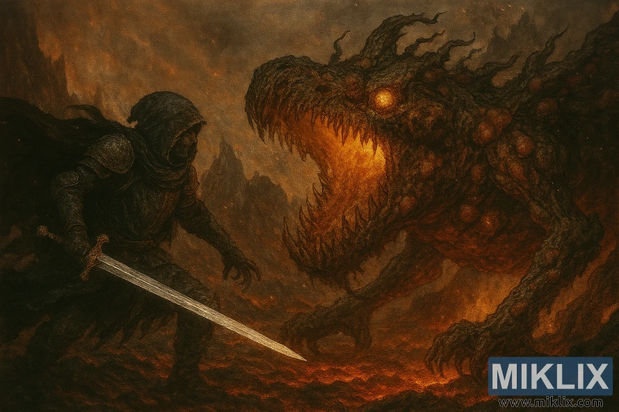 Mračna fantazijska umetnost Tarnished u oklopu Black Knife suočava se sa trulim, čirevnim Tree Spiritom u planini Gelmir Elden Ringa