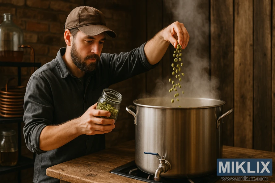 A homebrewer pakait hops héjo kana ketel stainless-steel steaming dina spasi brewing rustic.