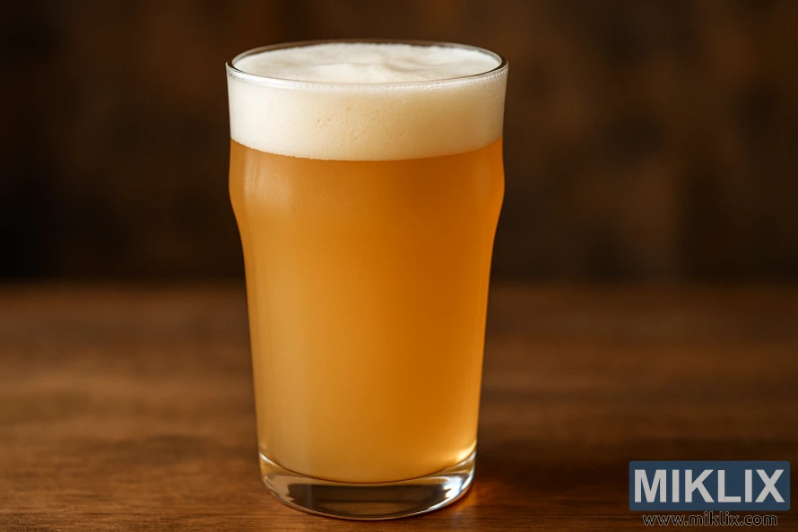 Blyškiai gintaro spalvos kreminio elio taurė su minkšta putų galvute ant medinio paviršiaus šiltoje šviesoje.