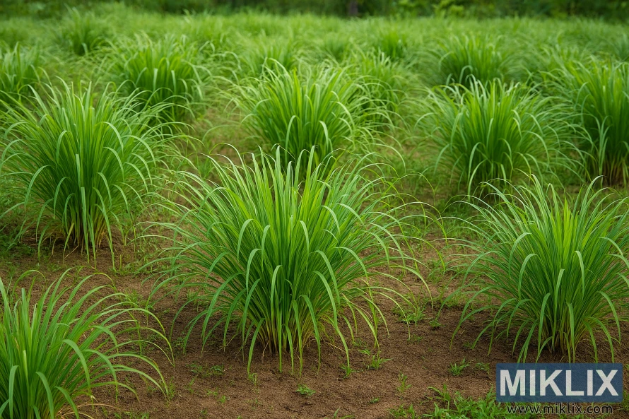 Lush rows of mature lemongrass plants in a vibrant garden ready for harvest