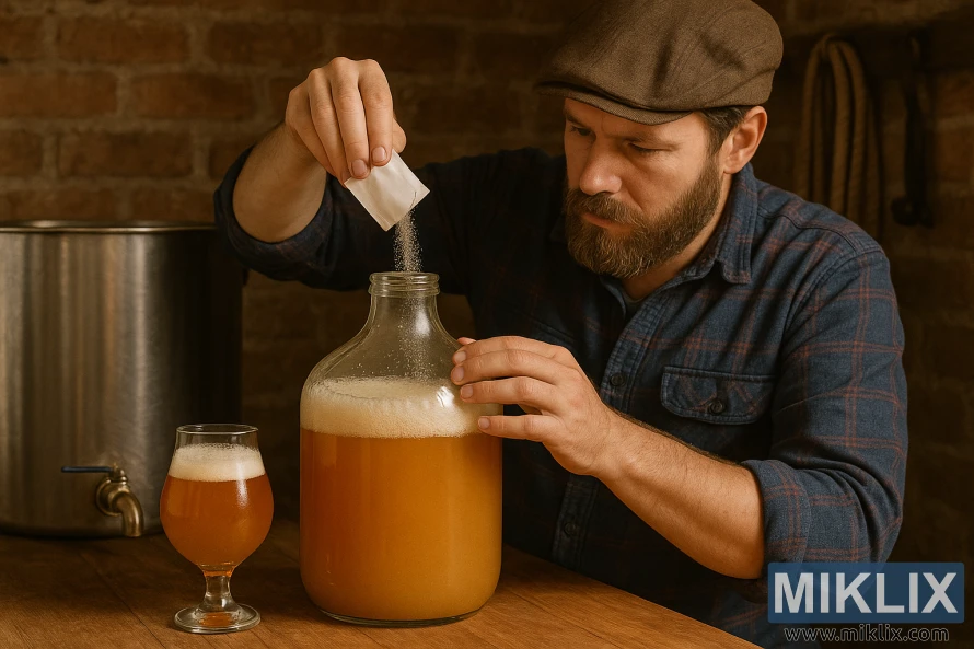 A focused homebrewer sprinkles dry yeast into an open glass carboy of Belgian saison in a rustic homebrewing workspace.