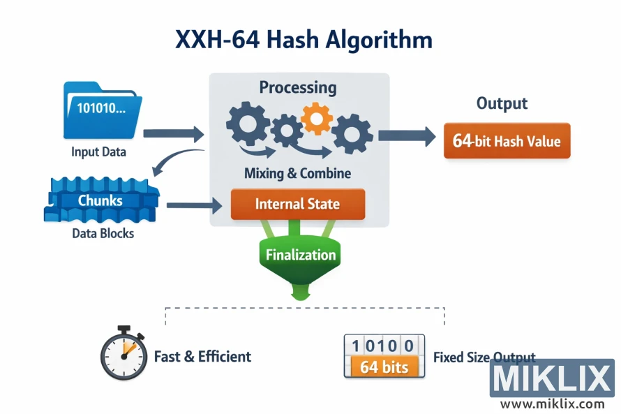 Diagram showing how input data is split into chunks, mixed through a processing stage, finalized, and emitted as a 64-bit hash value.