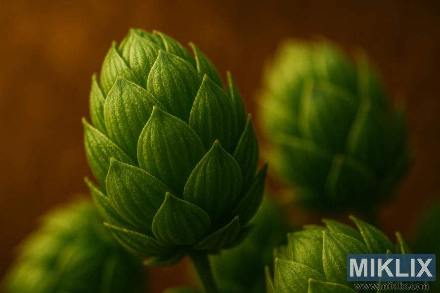 Makro nærbillede af Spalter Select humlekogler, der lyser grønt under varmt ravgult lys med en blødt sløret baggrund. Makro nærbillede af Spalter Select humlekogler, der lyser grønt under varmt ravgult lys med en blødt sløret baggrund.