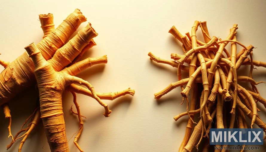 Posnetek od blizu azijskih in ameriških korenin ginsenga druga ob drugi na nevtralnem ozadju. Posnetek od blizu azijskih in ameriških korenin ginsenga druga ob drugi na nevtralnem ozadju.