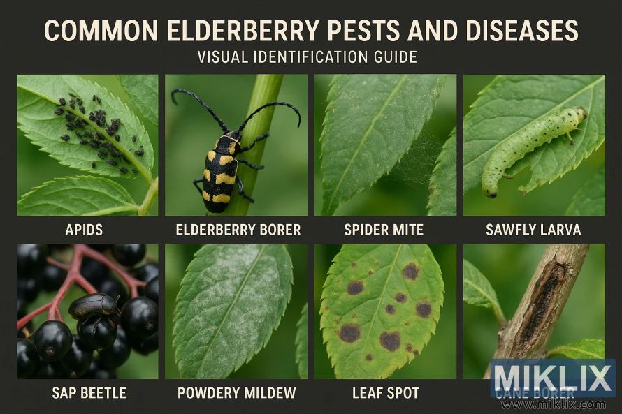 Маркированный фотосправочник, на котором показаны распространенные вредители и болезни бузины, в том числе тля, златка бузинная, паутинный клещ, личинки пилильщика, древесный короед, мучнистая роса, пятнистость листьев и златка тростниковая на растениях бузины. Маркированный фотосправочник, на котором показаны распространенные вредители и болезни бузины, в том числе тля, златка бузинная, паутинный клещ, личинки пилильщика, древесный короед, мучнистая роса, пятнистость листьев и златка тростниковая на растениях бузины.
