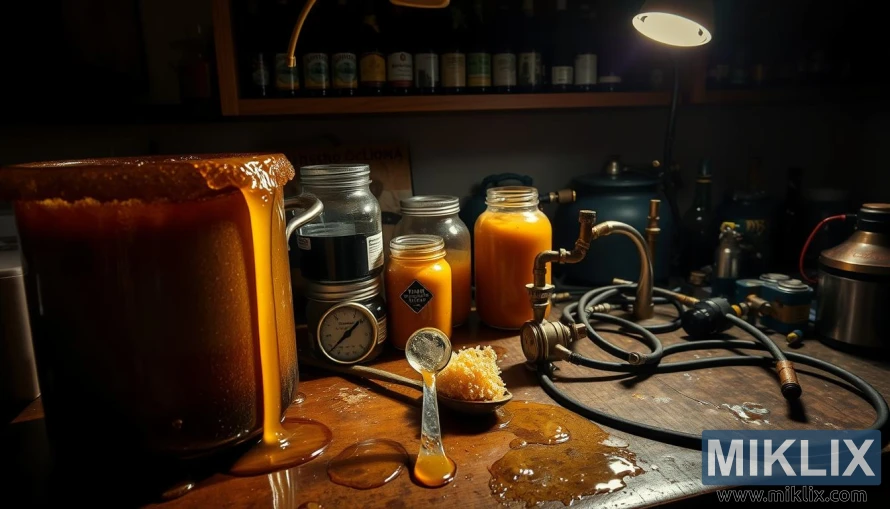 Rotete bryggedisk med sølt honning, ødelagt hydrometer og rotete utstyr. Rotete bryggedisk med sølt honning, ødelagt hydrometer og rotete utstyr.