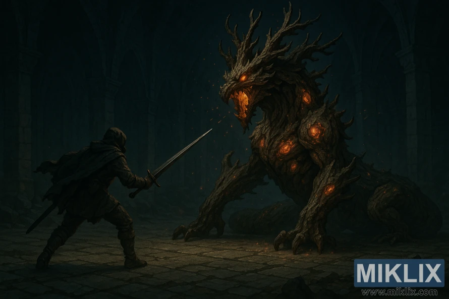 Tumedas keepis kapuutsiga sõdalane seisab silmitsi tohutu kivikatakombis kõrguva, hõõguva puutaolise koletisega, mõõk agressiivses asendis valmis.