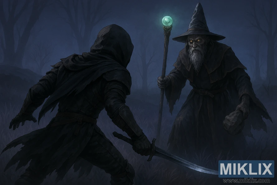 Illustration semi-réaliste d'Elden Ring représentant l'armure du Couteau Noir Terni face au Mage de Bataille Hugues dans une forêt brumeuse.