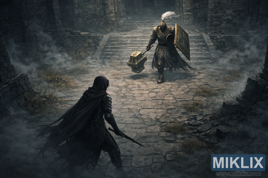 High angle isometric view of the Tarnished in dark armor facing Black Knight Garrew with mace and shield in a foggy ruined stone courtyard.