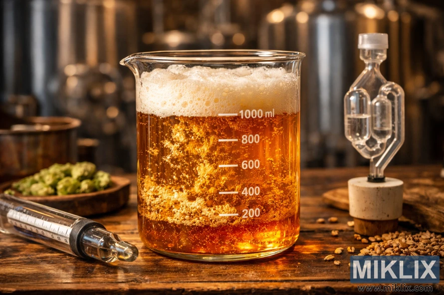 Close-up of a glass beaker filled with fermenting golden ale, bubbling with yeast, surrounded by brewing tools on a wooden table in a warm, softly lit brewery.