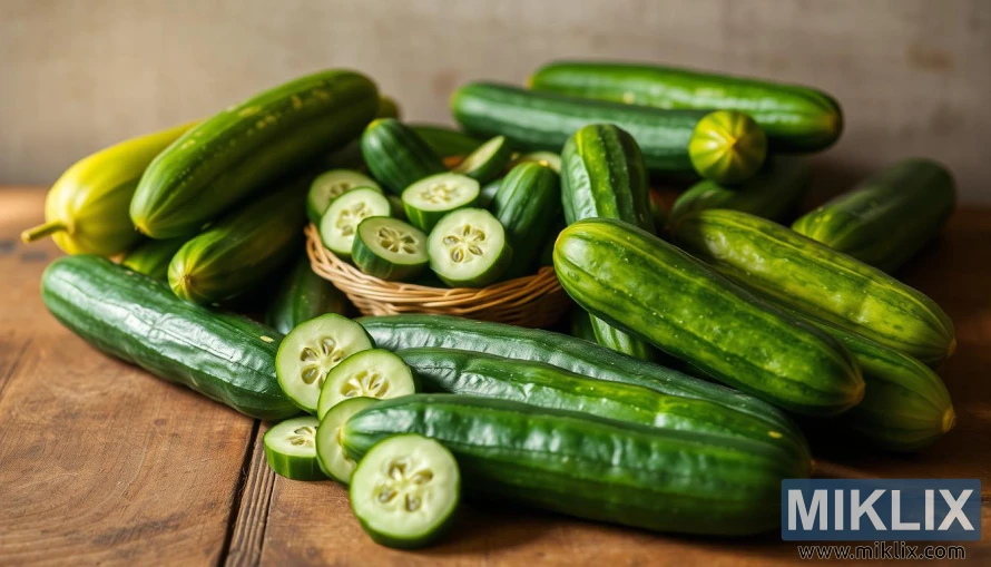 さまざまなサイズと色合いの新鮮なキュウリが、スライスされた部分と籐のバスケットとともに素朴な木製の台の上に並べられています。