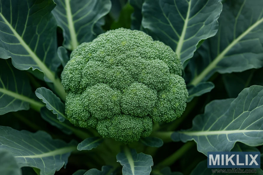 Close-up of a perfectly mature broccoli head surrounded by large green leaves, ready for harvesting. Close-up of a perfectly mature broccoli head surrounded by large green leaves, ready for harvesting.