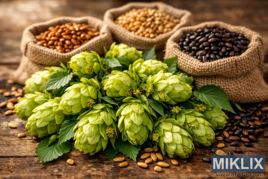 Flat lay of fresh green Cluster hops with burlap sacks of caramel and roasted malts on a rustic wooden table, lit with warm natural light.