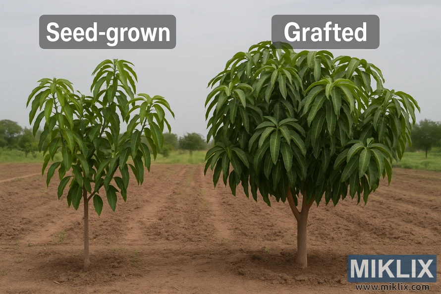 A side-by-side comparison showing a smaller seed-grown mango tree and a larger grafted mango tree of the same age in a cultivated field.