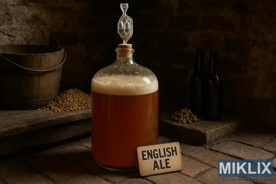 A glass carboy of fermenting English ale in a rustic old brewing cellar with malt, hops, and bottles around it.
